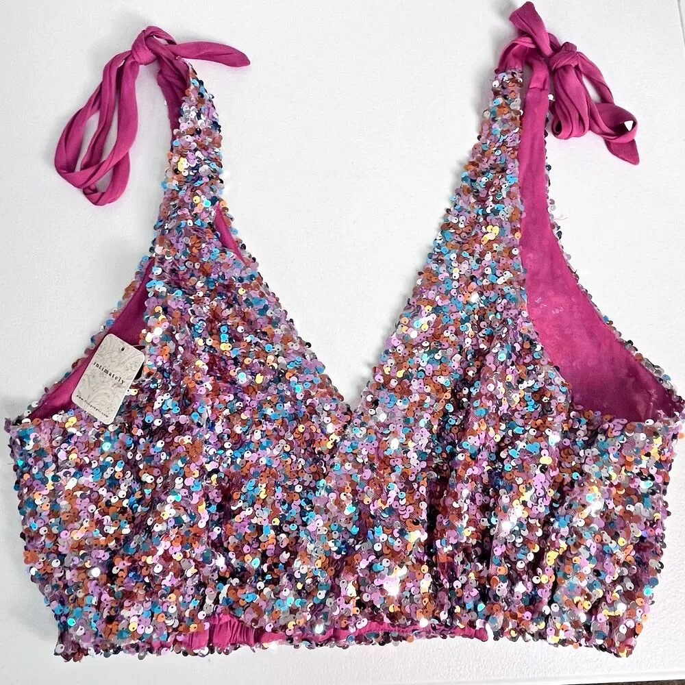 Intimately Free People NWT Size L Pink Sequin Halter Crop Top Festival Party